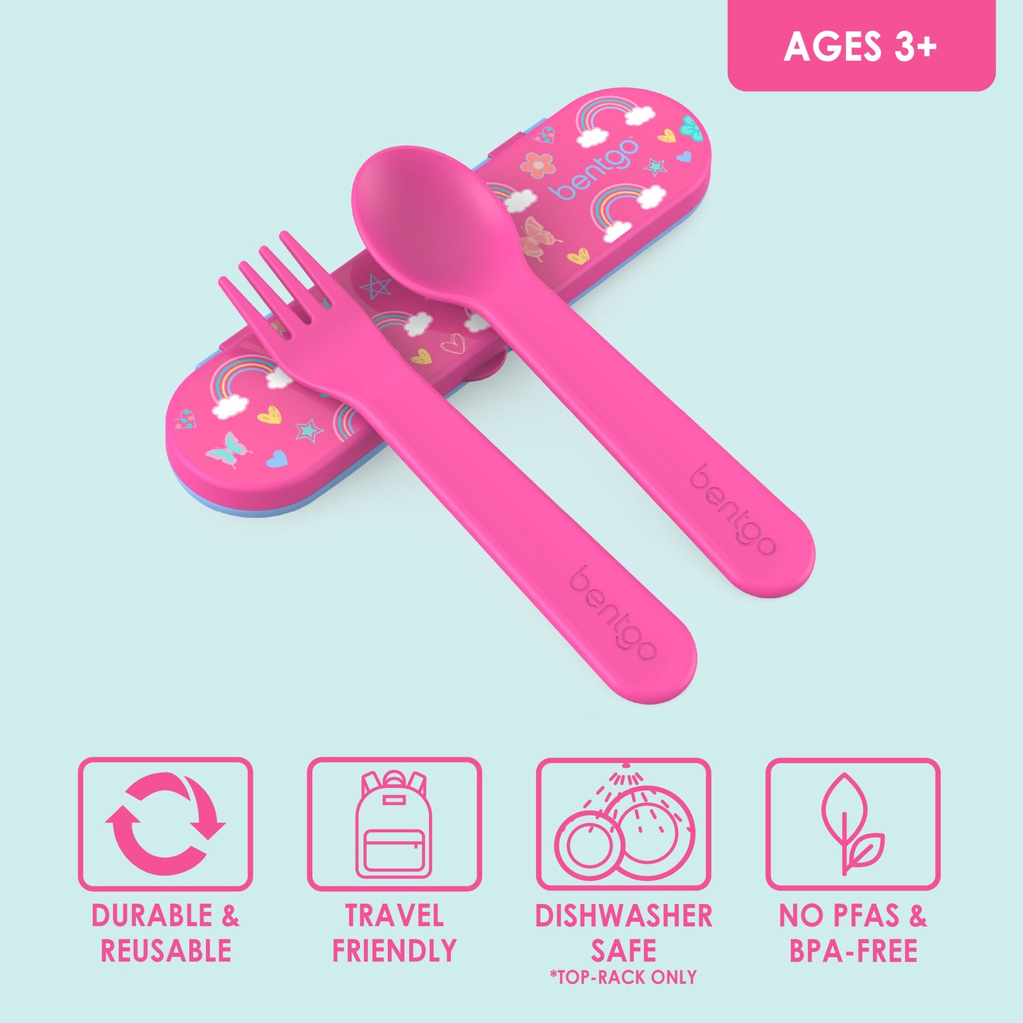 Bentgo® Kids Utensils Set - Rainbows and Butterflies| Ages 3+ | Durable & Reusable, Travel Friendly, Dishwasher Safe (Top-Rack Only), and No PFAS & BPA-Free