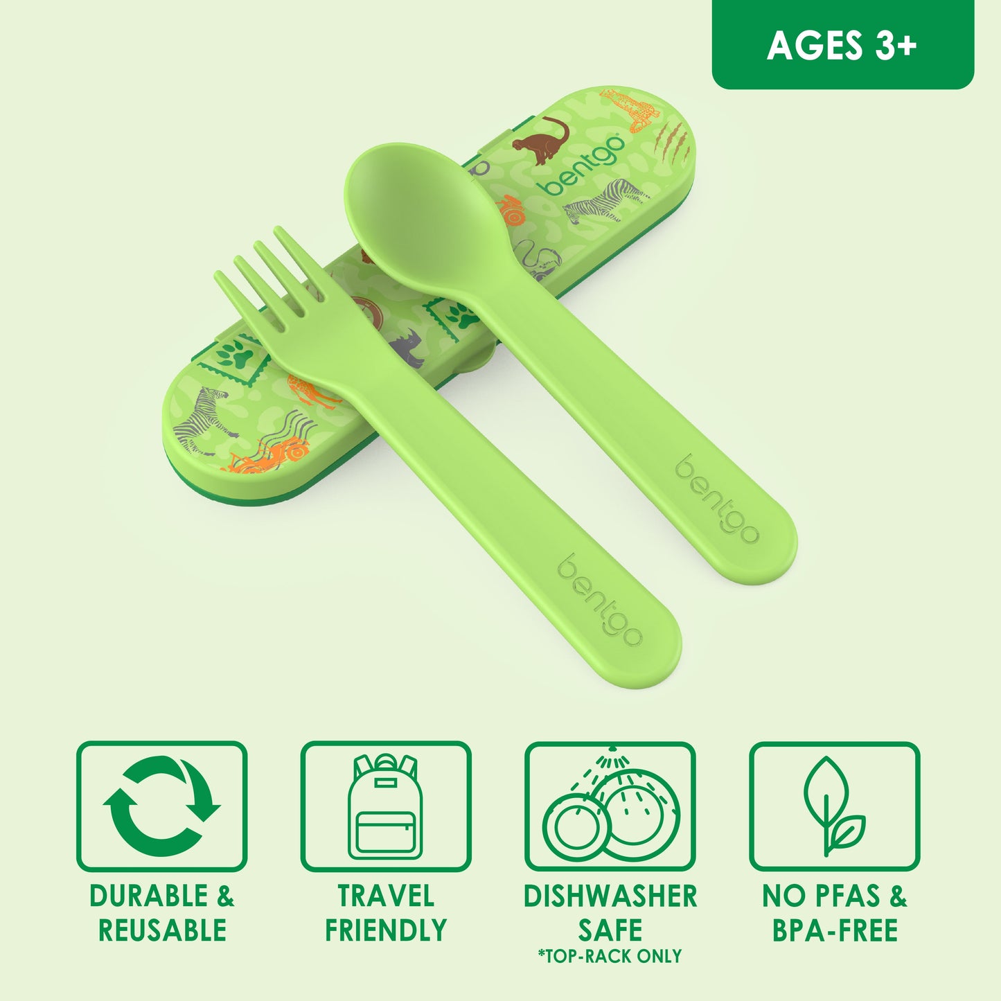 Bentgo® Kids Utensils Set - Safari | Ages 3+ | Durable & Reusable, Travel Friendly, Dishwasher Safe (Top-Rack Only), and No PFAS & BPA-Free
