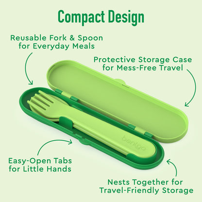 Bentgo® Kids Utensils Set - Safari | Compact Design - Reusable Fork & Spoon for Everyday Meals, Protective Storage Case for Mess-Free Travel, Easy-Open Tabs for Little Hands, and Nests Together for Travel-Friendly Storage
