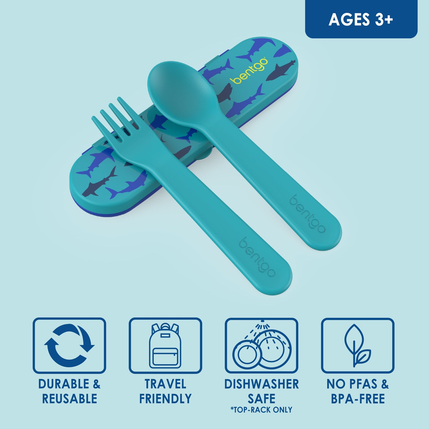 Bentgo® Kids Utensils Set - Sharks | Ages 3+ | Durable & Reusable, Travel Friendly, Dishwasher Safe (Top-Rack Only), and No PFAS & BPA-Free