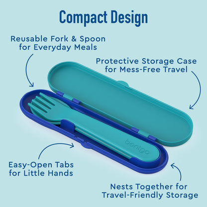 Bentgo® Kids Utensils Set - Sharks | Compact Design - Reusable Fork & Spoon for Everyday Meals, Protective Storage Case for Mess-Free Travel, Easy-Open Tabs for Little Hands, and Nests Together for Travel-Friendly Storage