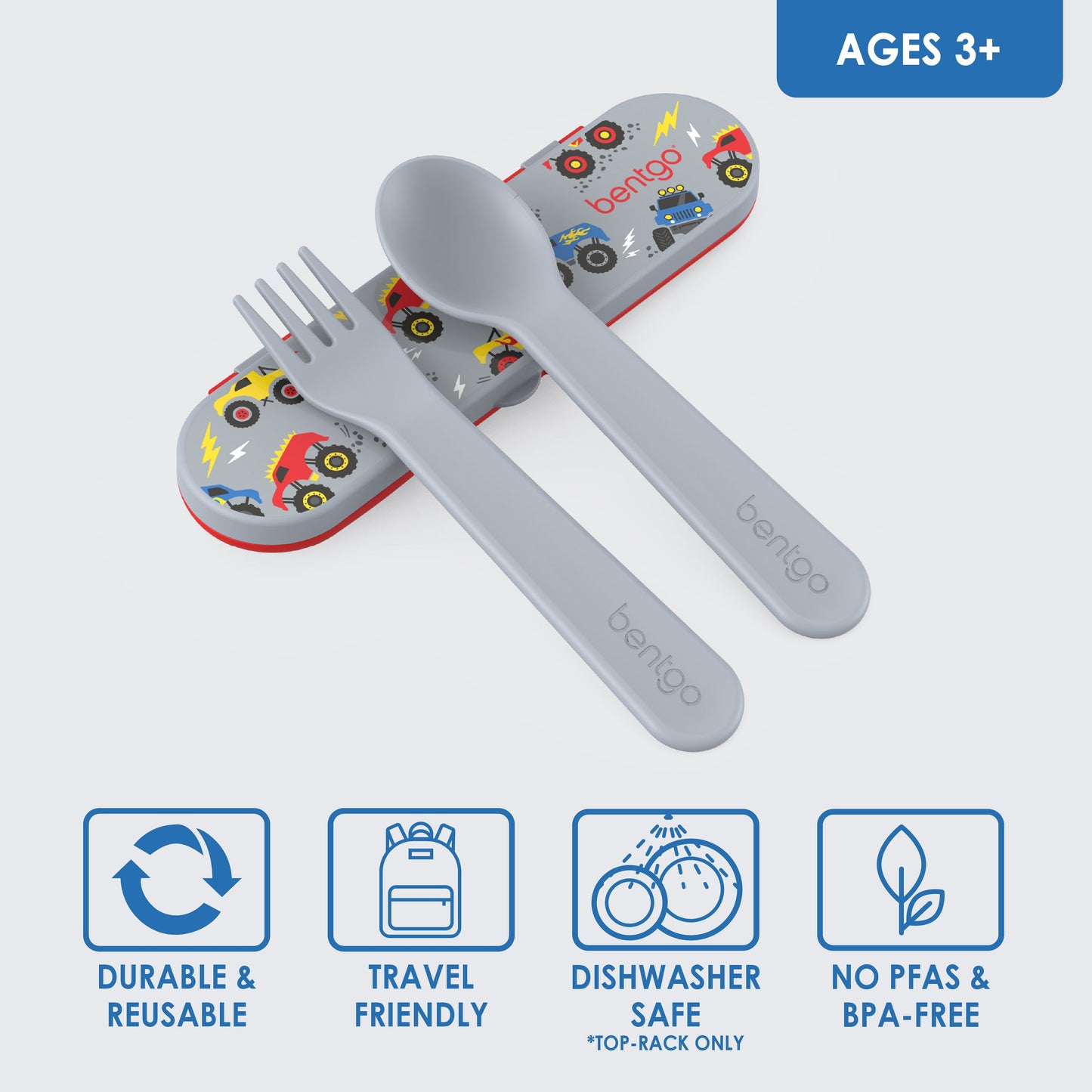 Bentgo® Kids Utensils Set - Trucks | Ages 3+ | Durable & Reusable, Travel Friendly, Dishwasher Safe (Top-Rack Only), and No PFAS & BPA-Free