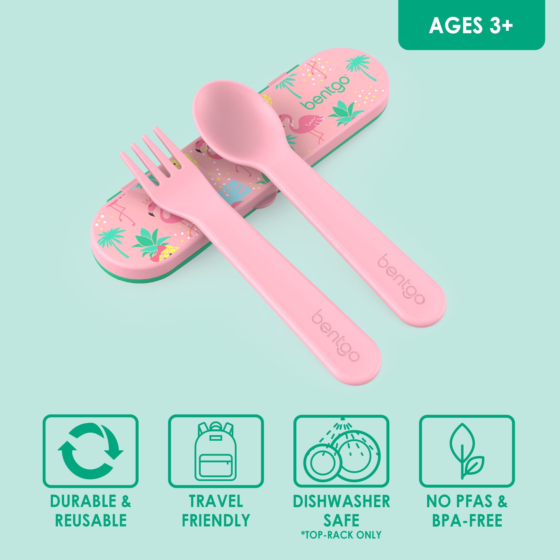Bentgo® Kids Utensils Set - Tropical| Ages 3+ | Durable & Reusable, Travel Friendly, Dishwasher Safe (Top-Rack Only), and No PFAS & BPA-Free