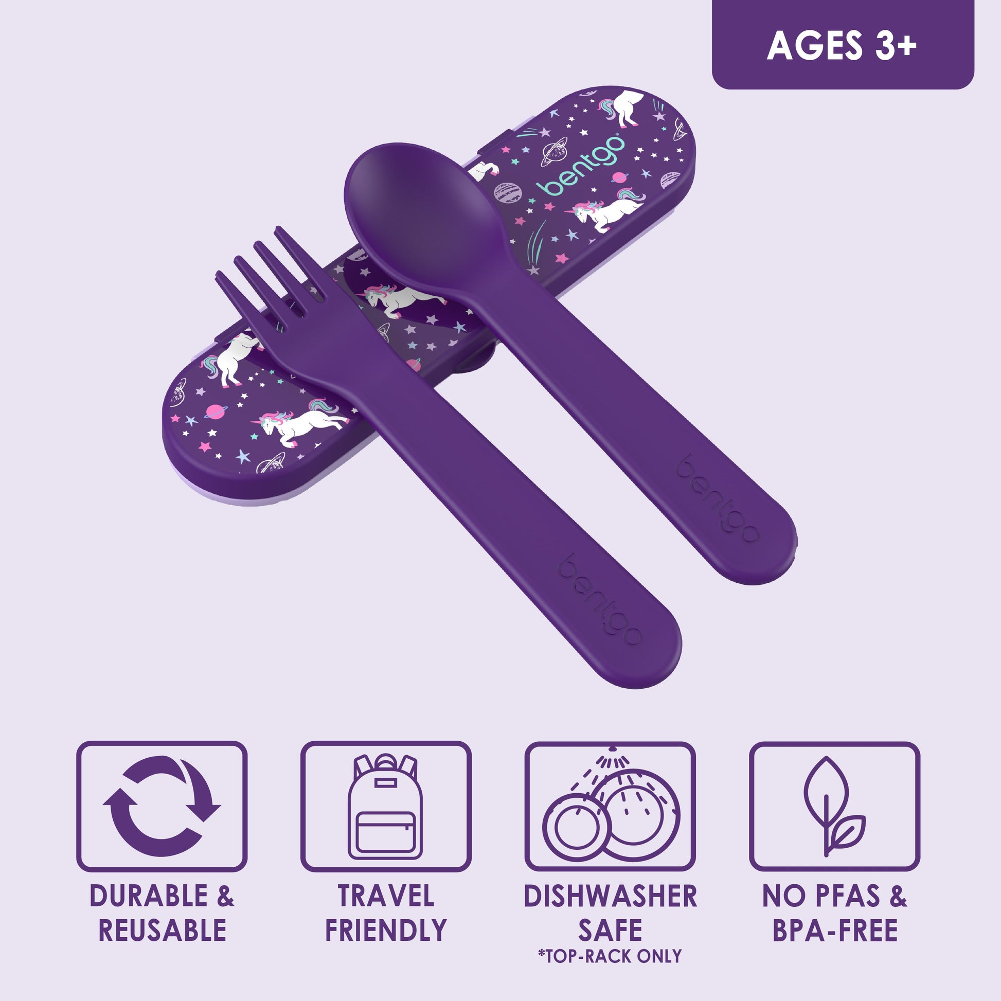 Bentgo® Kids Utensils Set - Unicorn | Ages 3+ | Durable & Reusable, Travel Friendly, Dishwasher Safe (Top-Rack Only), and No PFAS & BPA-Free