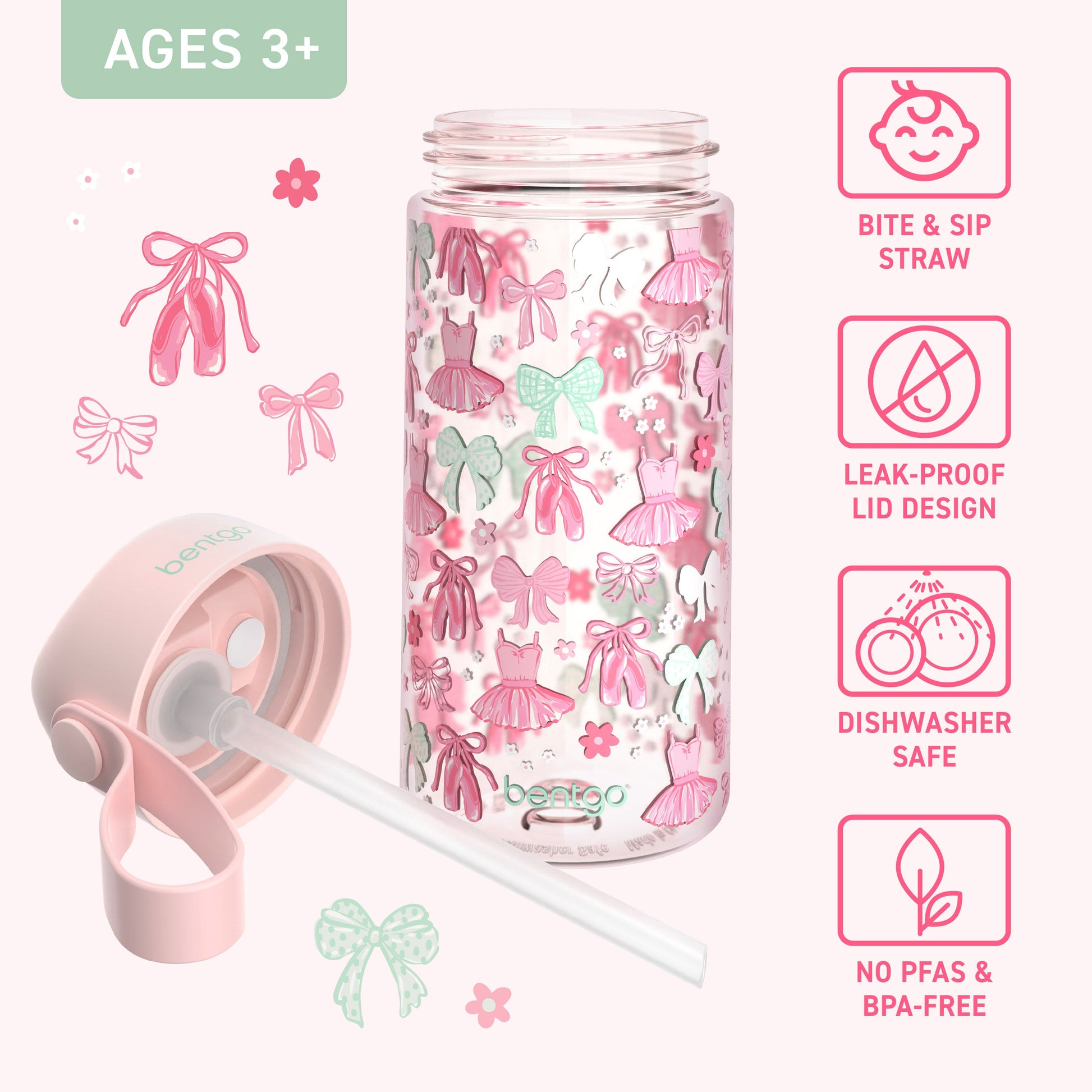 Bentgo Kids Water Bottle - Ballet and Bows | Bite & Sip Straw, Leak-Proof Lid Design, Dishwasher Safe, No PFAs & BPA-Free