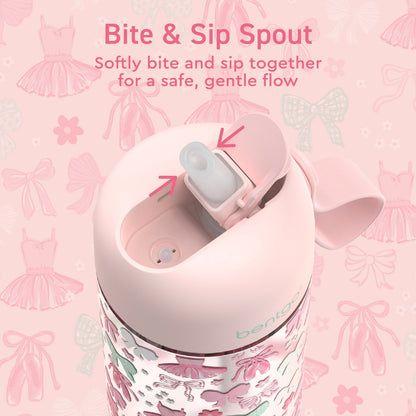 Bentgo Kids Water Bottle - Ballet and Bows | Bite & Sip Spout - Softly Bite And Sip Together For A Safe, Gentle Flow