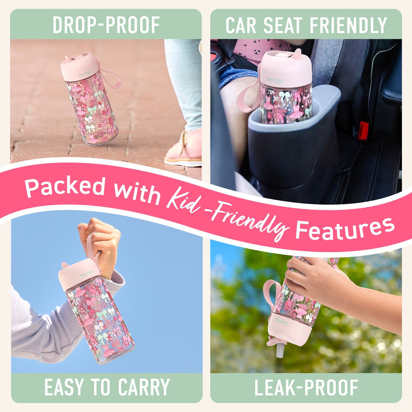 Bentgo Kids Water Bottle - Ballet and Bows | Packed With Kid-Friendly Features - Drop-Proof, Car Seat Friendly, Easy To Carry, Leak-Proof