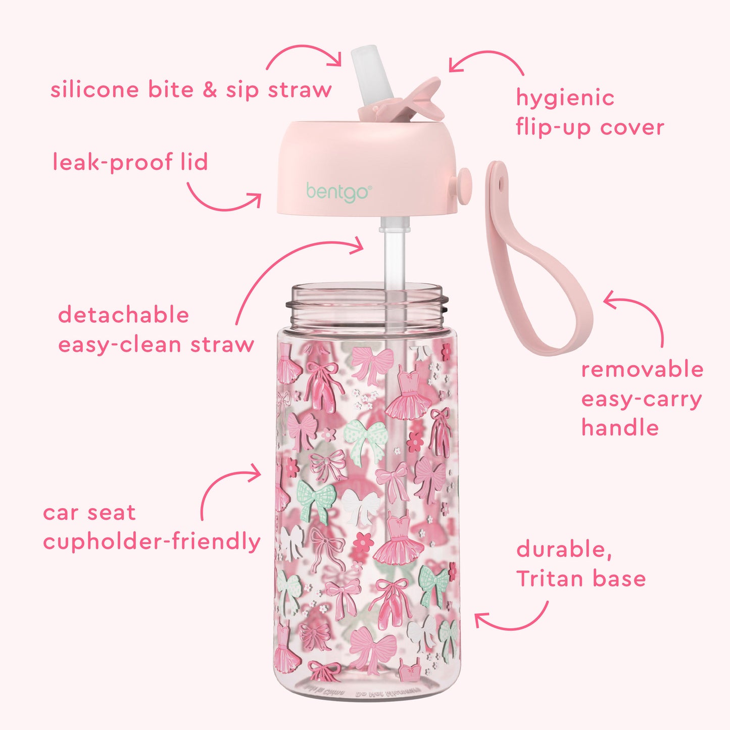 Bentgo Kids Water Bottle - Ballet and Bows | Silicone Bite & Sip Straw, Leak-Proof Lid, Detachable Easy-Clean Straw, Car Seat Cupholder-Friendly, Hygienic Flip-Up Cover, Removable Easy-Carry Handle, And Durable, Tritan Base