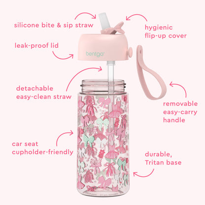 Bentgo Kids Water Bottle - Ballet and Bows | Silicone Bite & Sip Straw, Leak-Proof Lid, Detachable Easy-Clean Straw, Car Seat Cupholder-Friendly, Hygienic Flip-Up Cover, Removable Easy-Carry Handle, And Durable, Tritan Base
