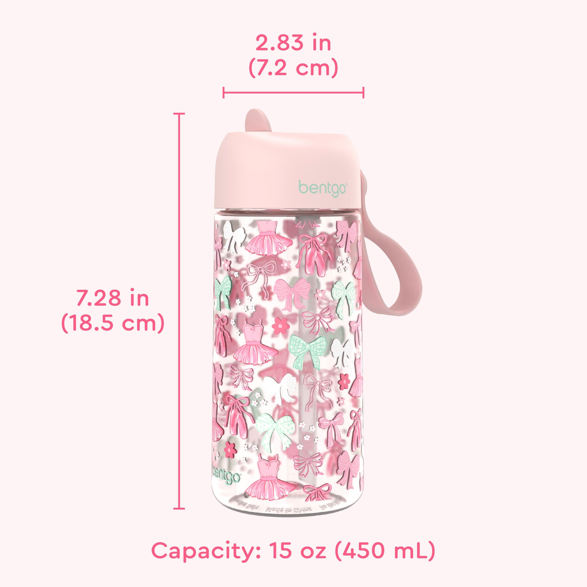 Bentgo Kids Water Bottle - Ballet and Bows | Product Dimensions