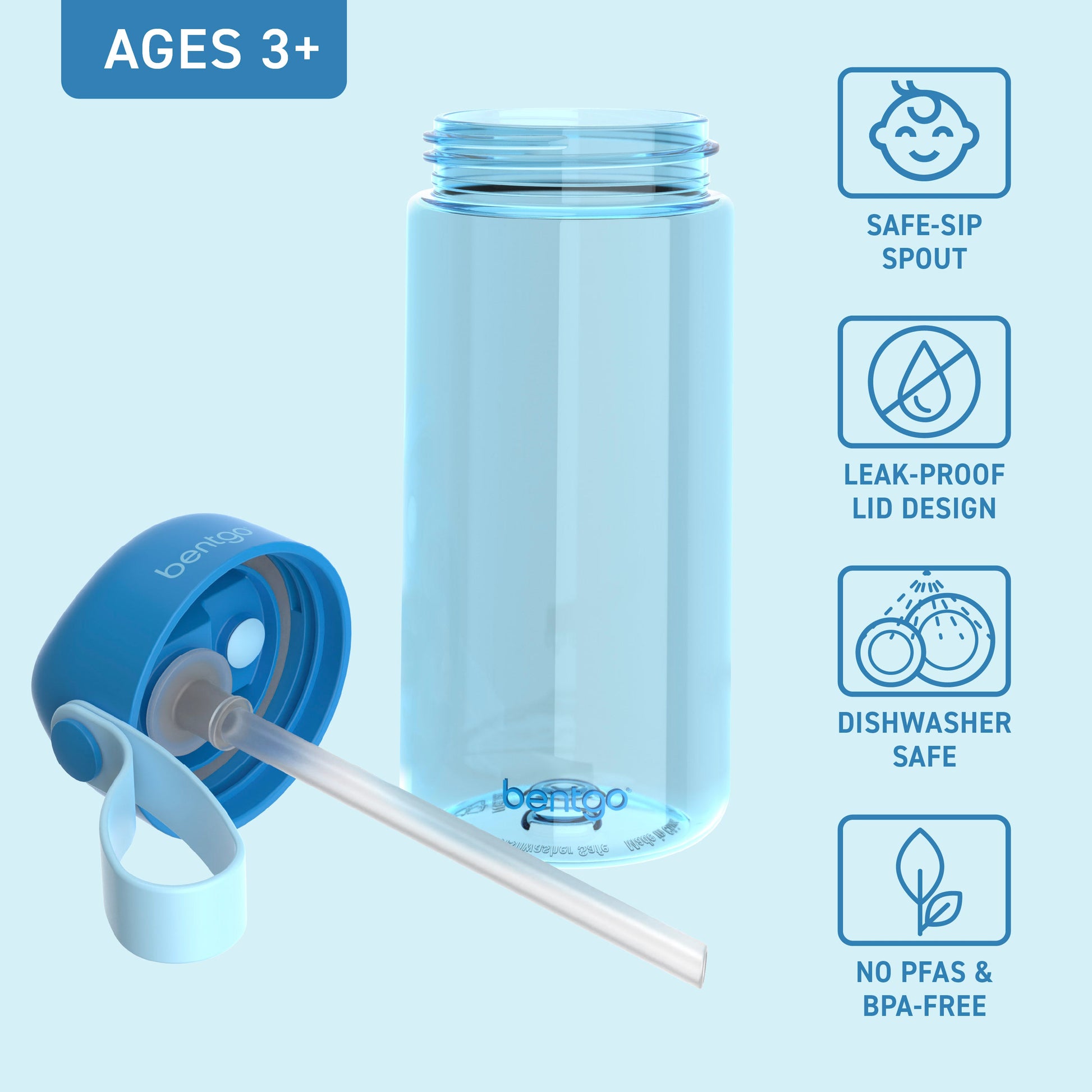 Bentgo Kids Water Bottle - Blue | Bite & Sip Straw, Leak-Proof Lid Design, Dishwasher Safe, No PFAs & BPA-Free