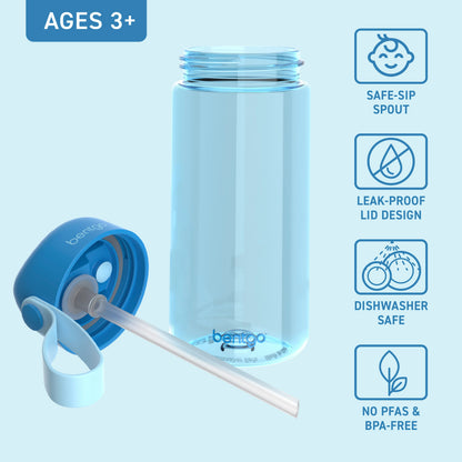 Bentgo Kids Water Bottle - Blue | Bite & Sip Straw, Leak-Proof Lid Design, Dishwasher Safe, No PFAs & BPA-Free