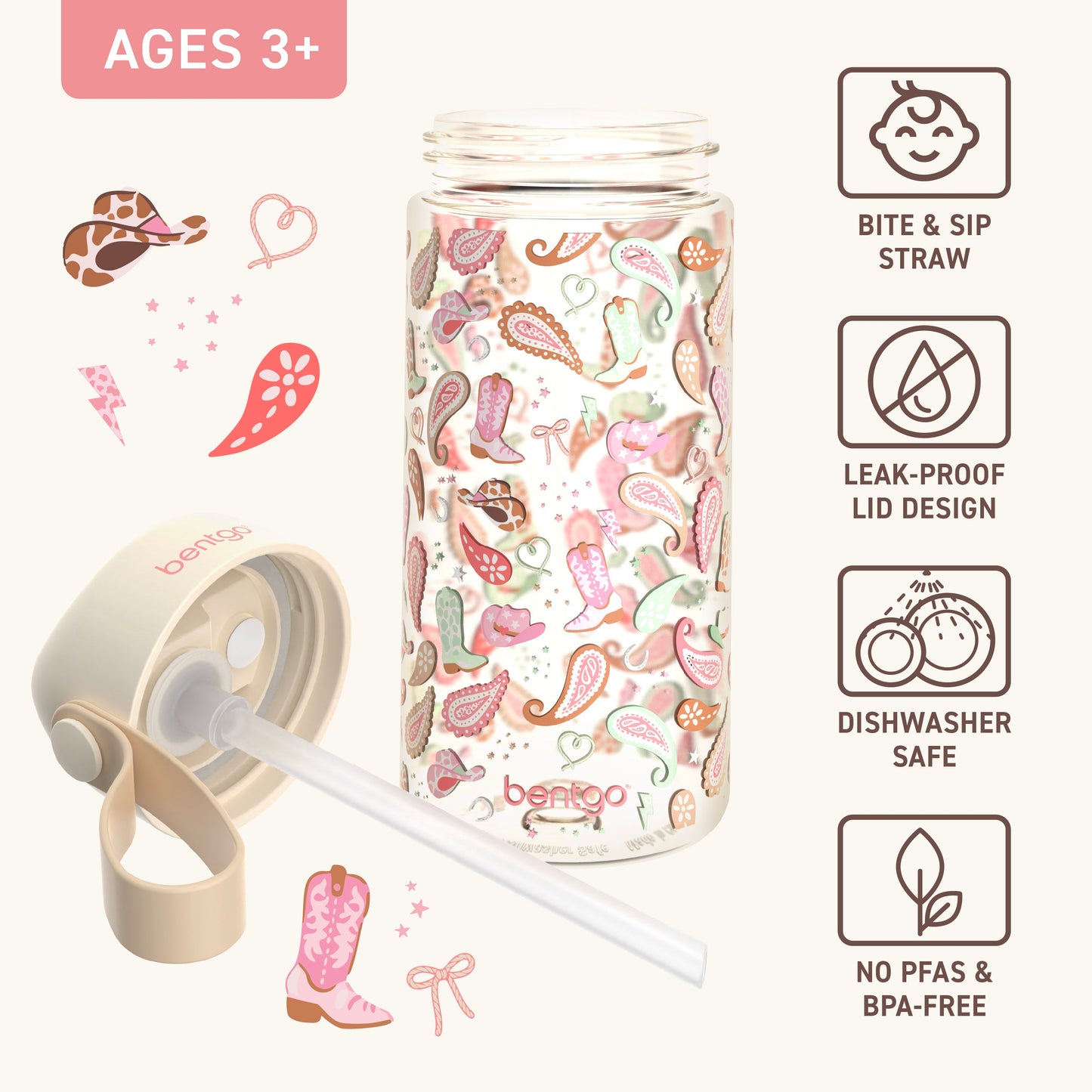 Bentgo Kids Water Bottle - Cowgirl Dreams | Bite & Sip Straw, Leak-Proof Lid Design, Dishwasher Safe, No PFAs & BPA-Free