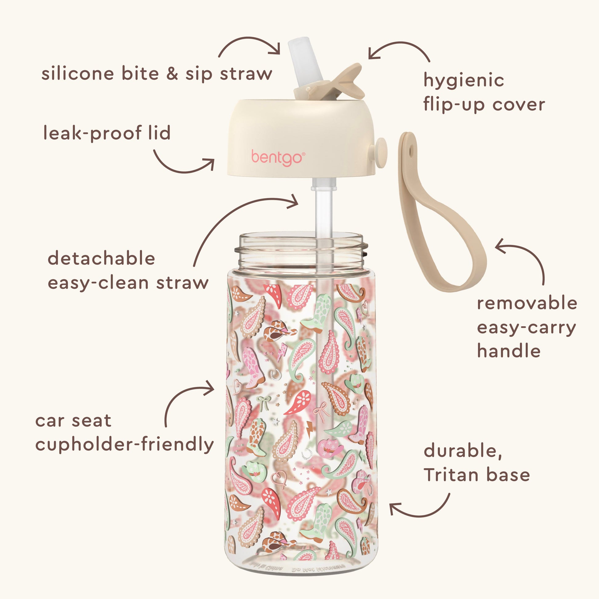 Bentgo Kids Water Bottle - Cowgirl Dreams | Silicone Bite & Sip Straw, Leak-Proof Lid, Detachable Easy-Clean Straw, Car Seat Cupholder-Friendly, Hygienic Flip-Up Cover, Removable Easy-Carry Handle, And Durable, Tritan Base