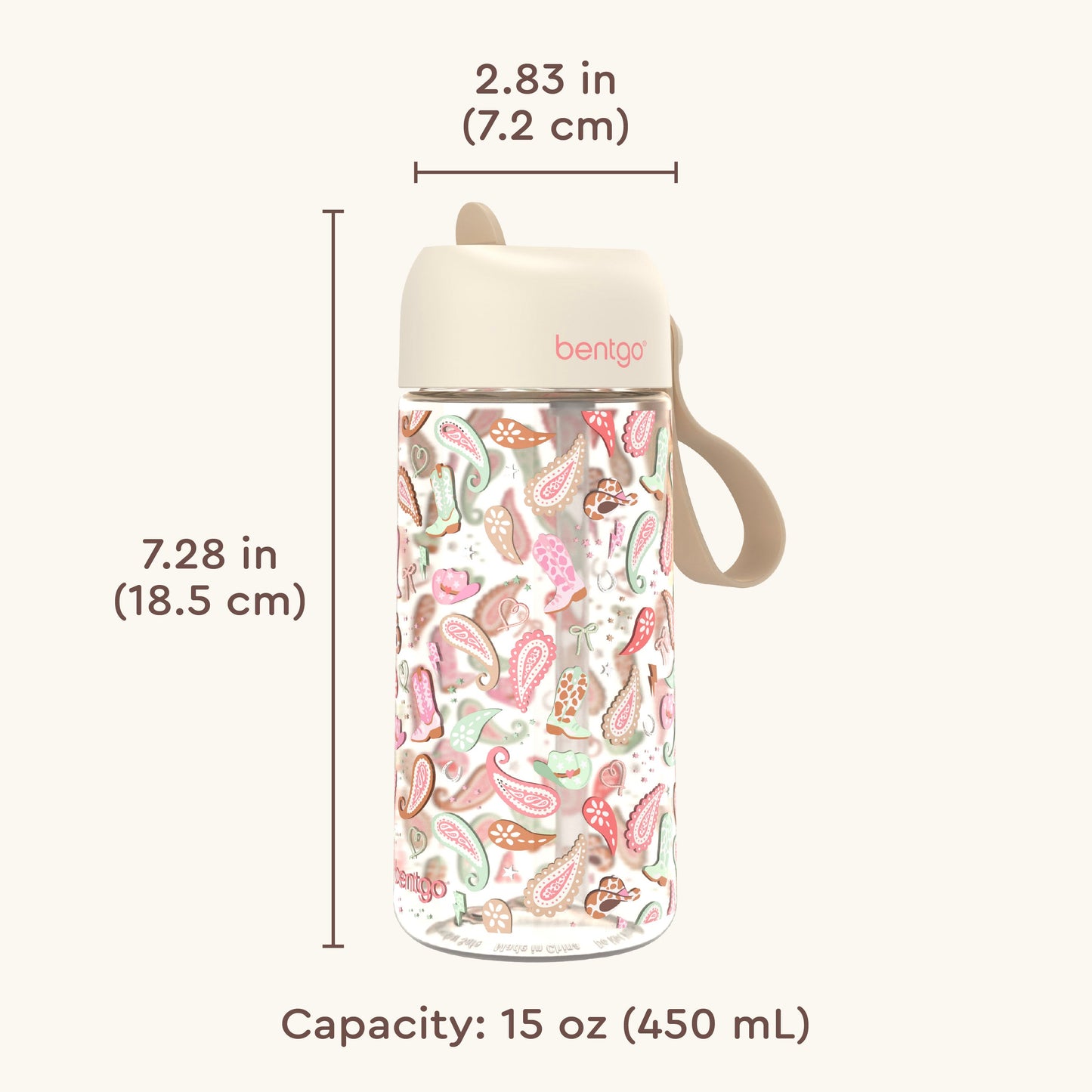 Bentgo Kids Water Bottle - Cowgirl Dreams | Product Dimensions