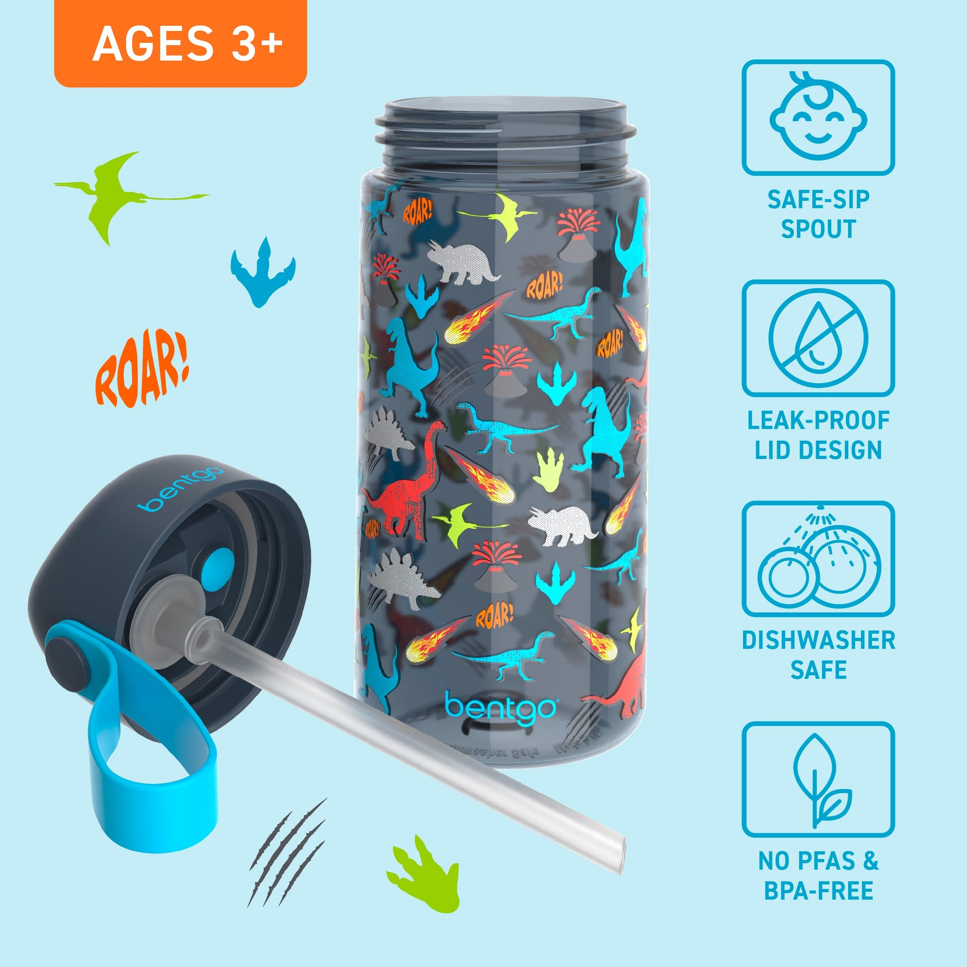 Bentgo Kids Water Bottle - Dinosaur | Bite & Sip Straw, Leak-Proof Lid Design, Dishwasher Safe, No PFAs & BPA-Free