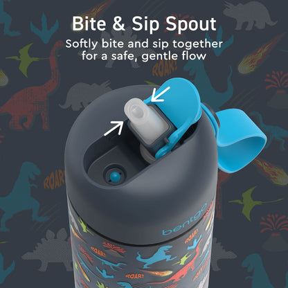 Bentgo® Kids Water Bottle - Dinosaur | Bite & Sip Spout - Softly Bite And Sip Together For A Safe, Gentle Flow