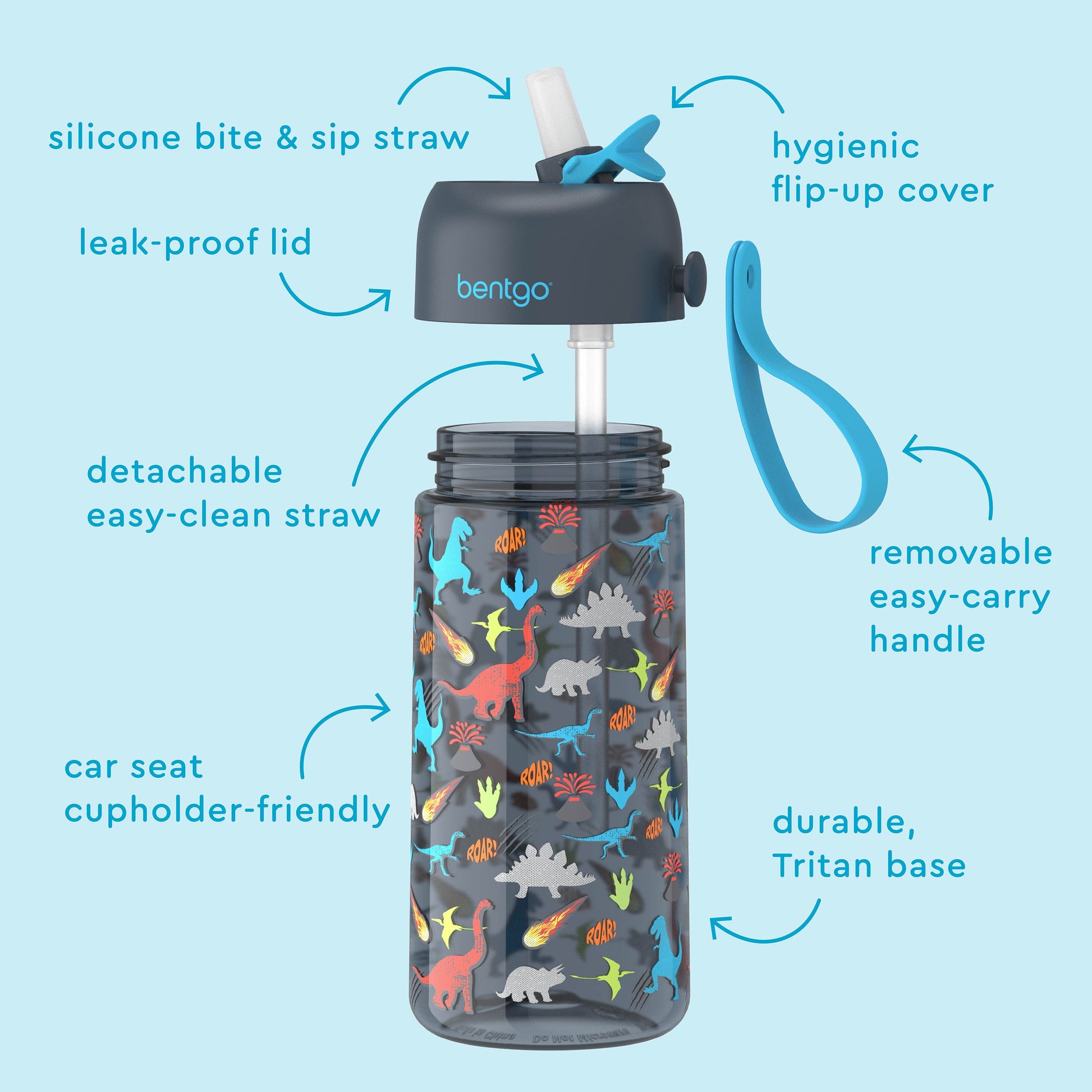 Bentgo® Kids Water Bottle - Dinosaur | Hygienic Flip-Up Cover, Silicone Bite & Sip Straw, Leak-Proof Lid, Detachable Easy-Clean Straw, Durable Tritan Base, And Removable Easy-Carry Handle