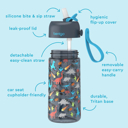 Bentgo® Kids Water Bottle - Dinosaur | Hygienic Flip-Up Cover, Silicone Bite & Sip Straw, Leak-Proof Lid, Detachable Easy-Clean Straw, Durable Tritan Base, And Removable Easy-Carry Handle