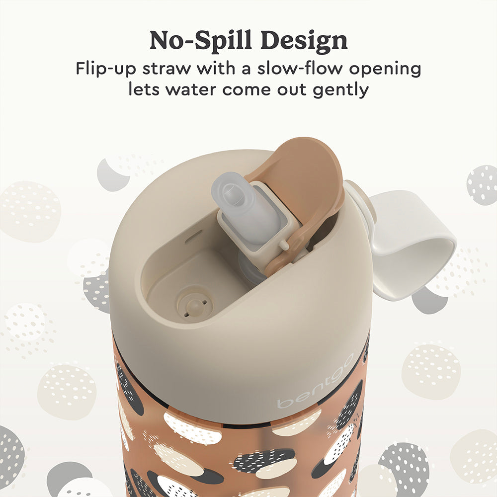 Bentgo® Kids Whimsy & Wonder Prints Water Bottle - Spots and Dots | No-Spill Design Features A Flip-Up Straw With A Slow-Flow Opening Lets Water Come Out Gently