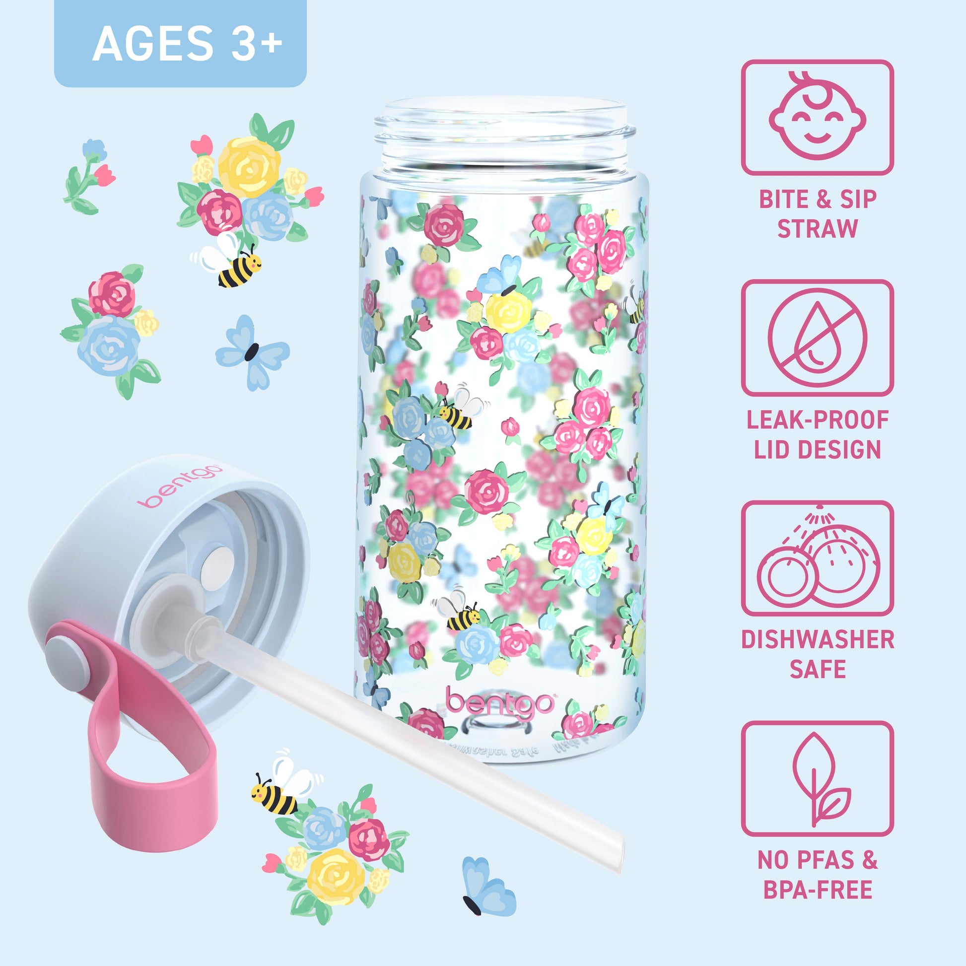 Bentgo Kids Water Bottle - Blooming Floral | Bite & Sip Straw, Leak-Proof Lid Design, Dishwasher Safe, No PFAs & BPA-Free