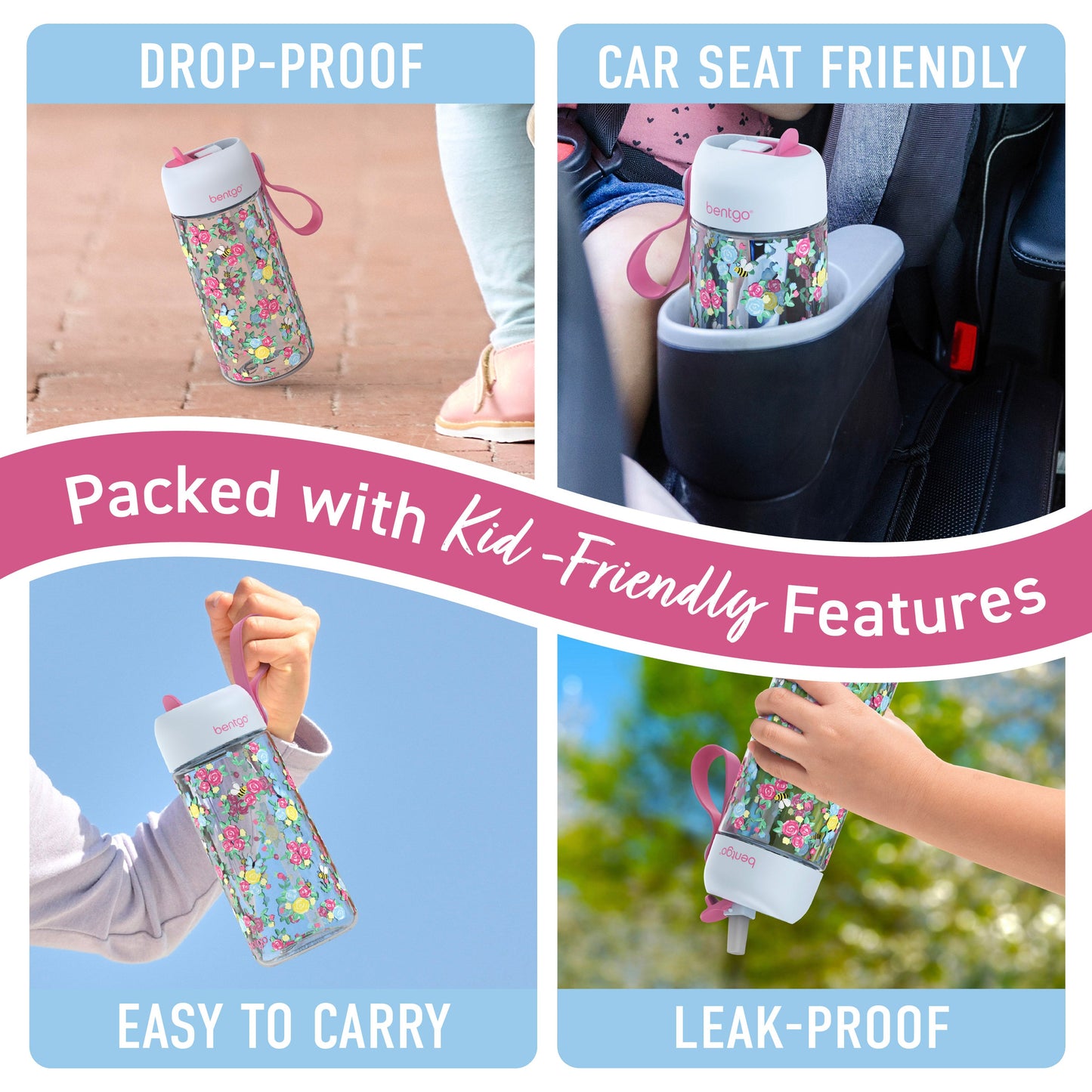 Bentgo Kids Water Bottle - Blooming Floral | Packed With Kid-Friendly Features - Drop-Proof, Car Seat Friendly, Easy To Carry, Leak-Proof