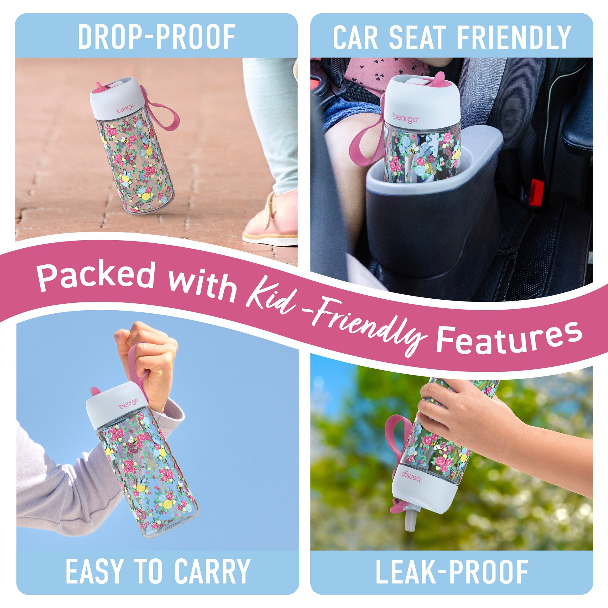 Bentgo Kids Water Bottle - Blooming Floral | Packed With Kid-Friendly Features - Drop-Proof, Car Seat Friendly, Easy To Carry, Leak-Proof