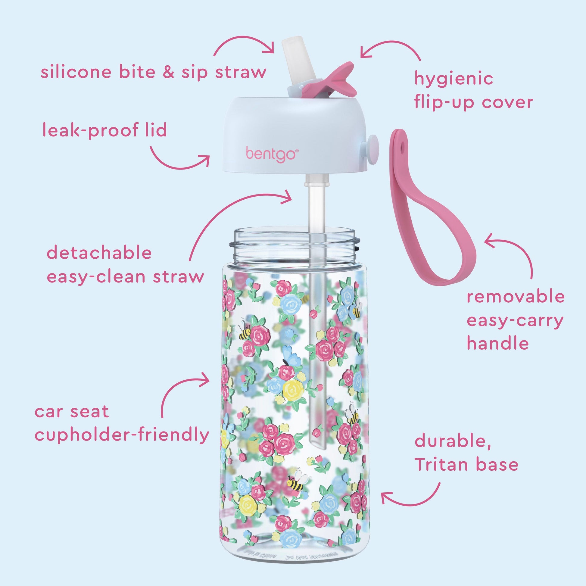 Bentgo Kids Water Bottle - Blooming Floral | Silicone Bite & Sip Straw, Leak-Proof Lid, Detachable Easy-Clean Straw, Car Seat Cupholder-Friendly, Hygienic Flip-Up Cover, Removable Easy-Carry Handle, And Durable, Tritan Base