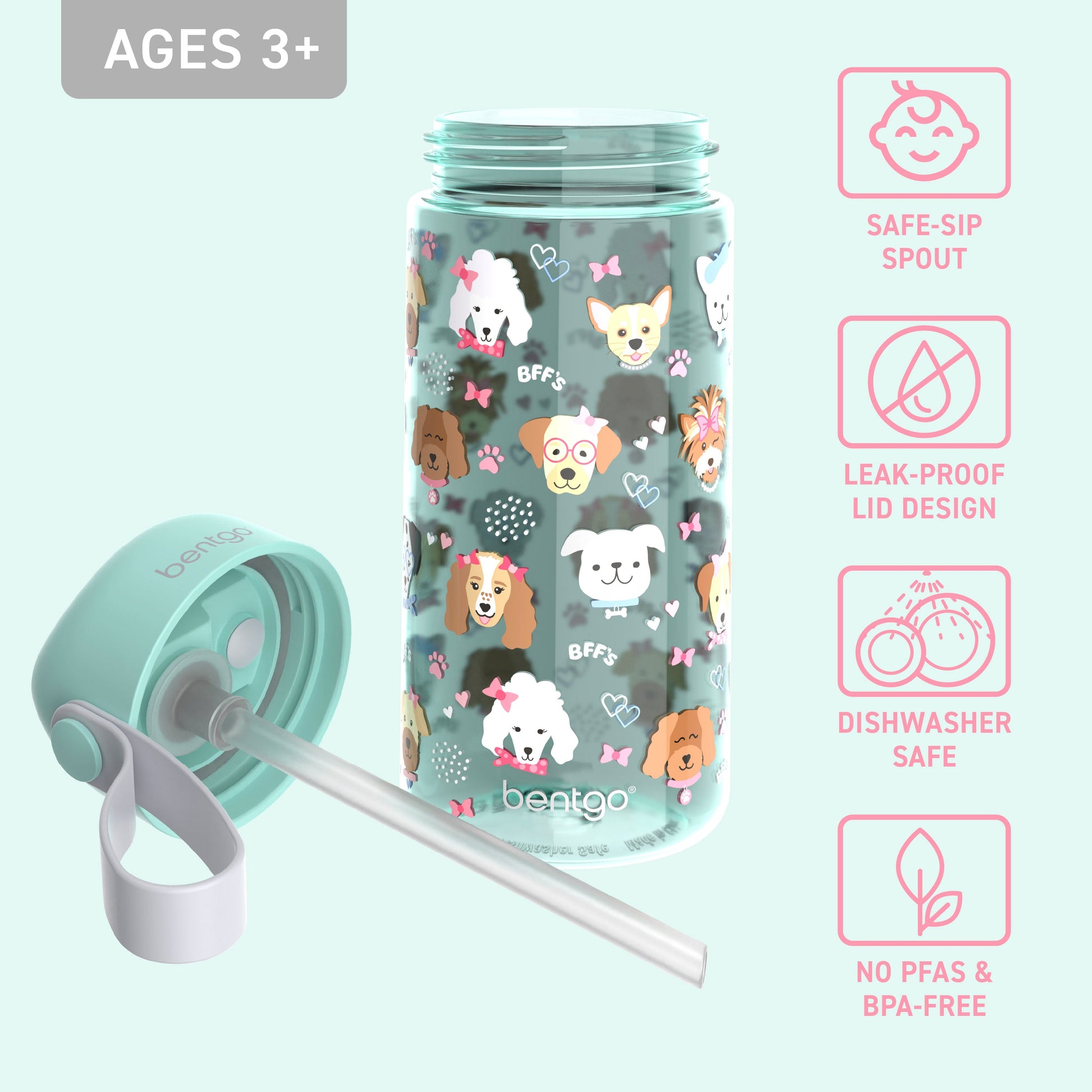 Bentgo Kids Water Bottle - Puppy Love | Bite & Sip Straw, Leak-Proof Lid Design, Dishwasher Safe, No PFAs & BPA-Free