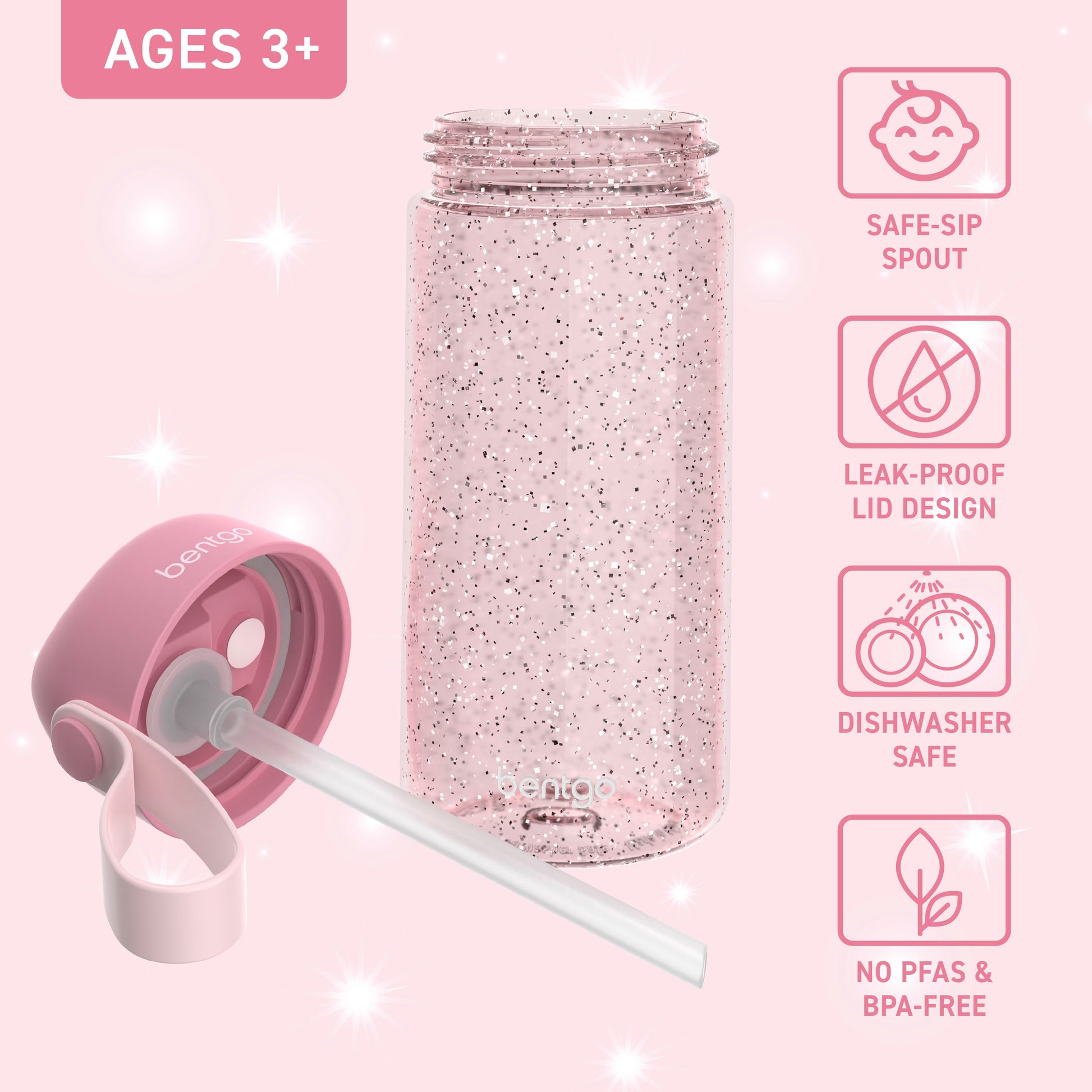 Bentgo Kids Water Bottle - Petal Pink Glitter | Bite & Sip Straw, Leak-Proof Lid Design, Dishwasher Safe, No PFAs & BPA-Free