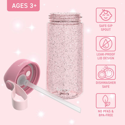 Bentgo Kids Water Bottle - Petal Pink Glitter | Bite & Sip Straw, Leak-Proof Lid Design, Dishwasher Safe, No PFAs & BPA-Free