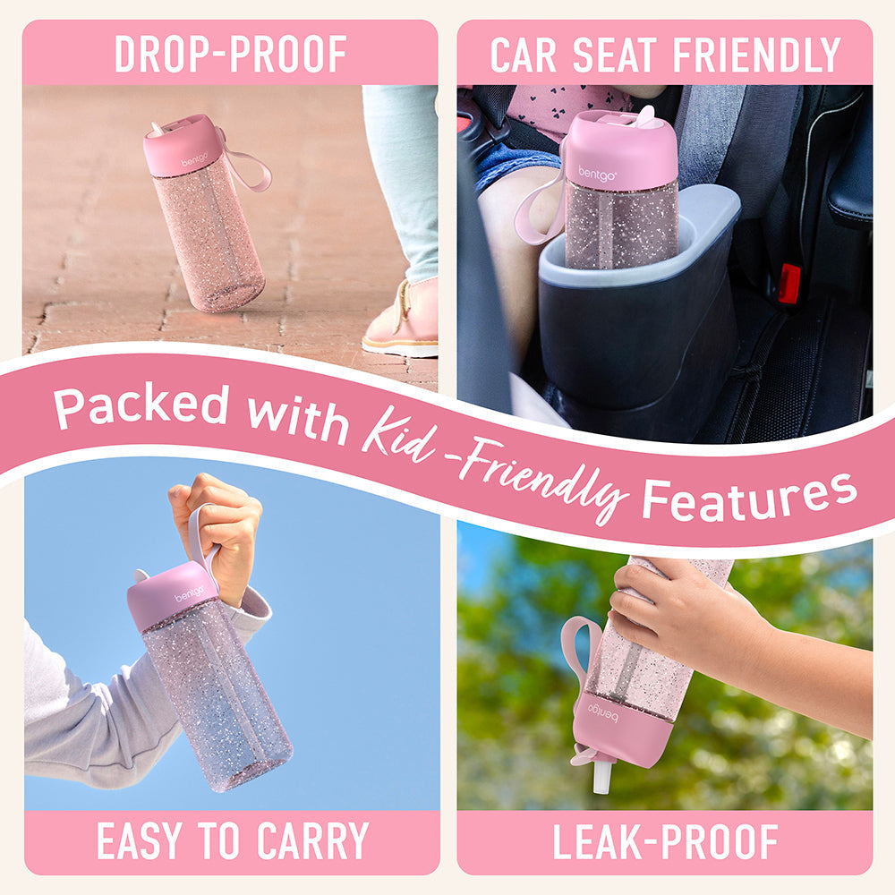 Bentgo® Kids Water Bottle - Petal Pink Glitter | Made with Kid-Friendly Features - Leak-Proof, Drop-Proof, Car Seat Friendly, And Easy to Carry