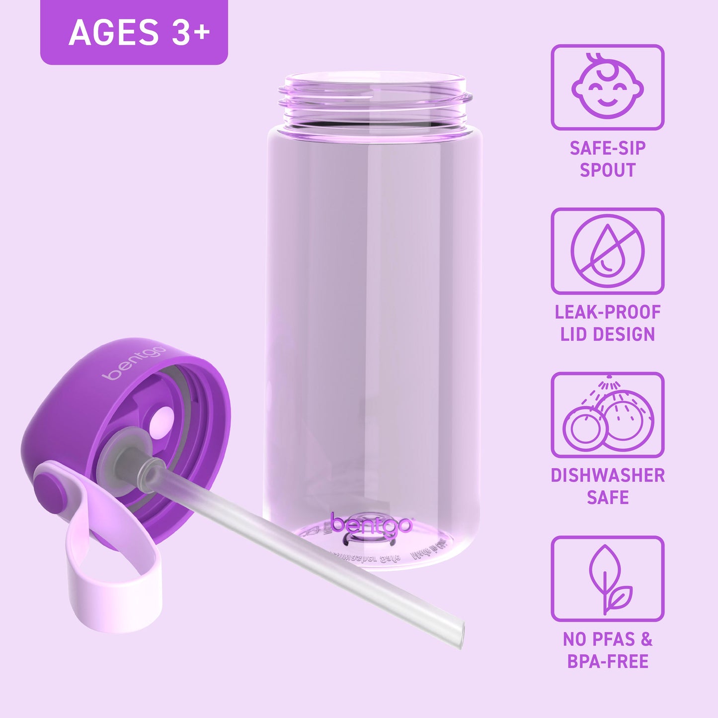 Bentgo Kids Water Bottle - Purple | Bite & Sip Straw, Leak-Proof Lid Design, Dishwasher Safe, No PFAs & BPA-Free