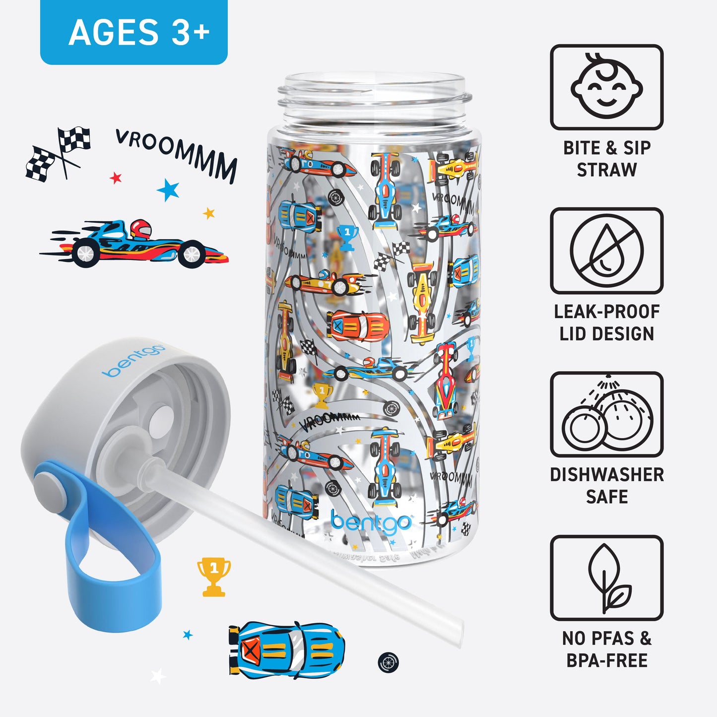 Bentgo Kids Water Bottle - Race Cars | Bite & Sip Straw, Leak-Proof Lid Design, Dishwasher Safe, No PFAs & BPA-Free