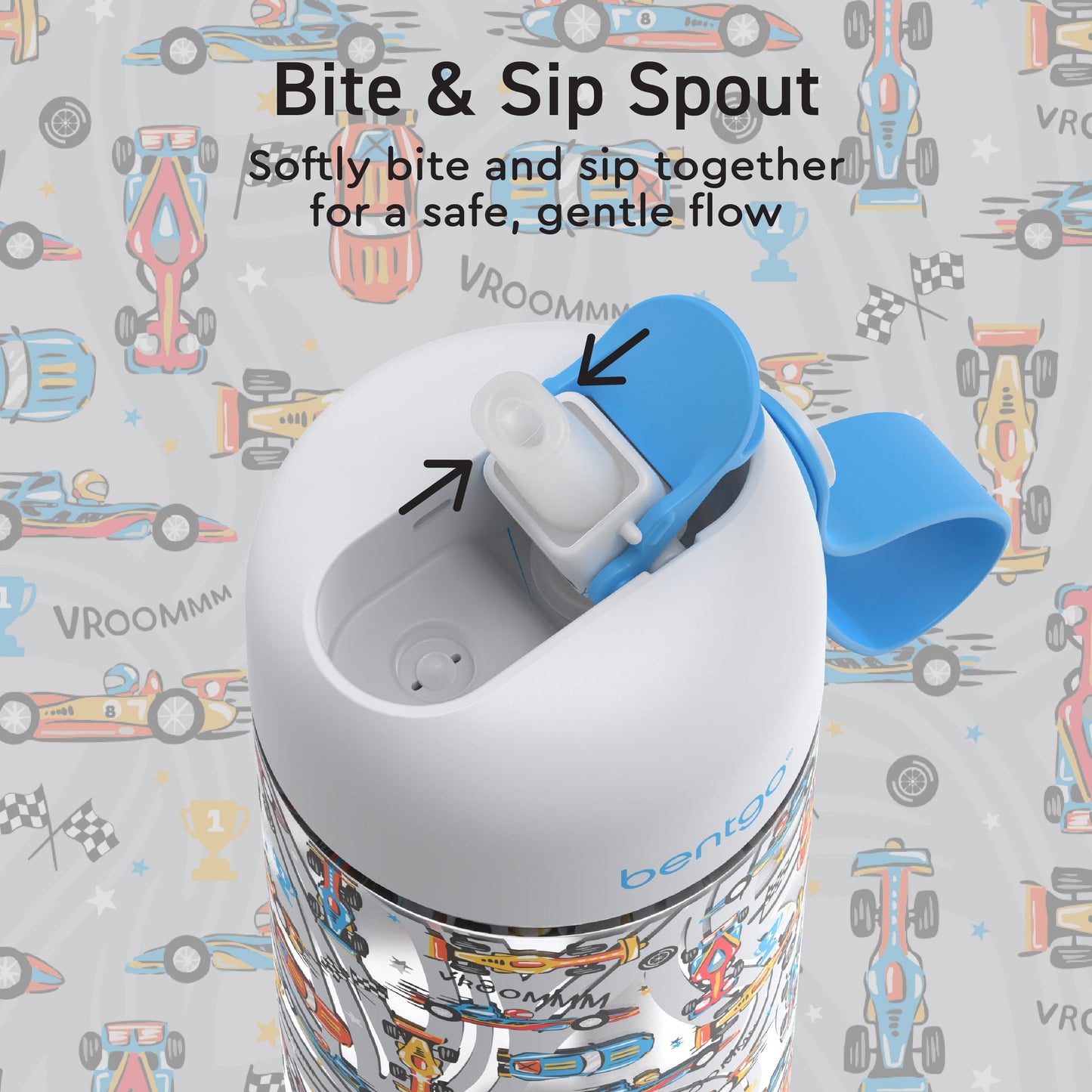 Bentgo Kids Water Bottle - Race Cars | Bite & Sip Spout - Softly Bite And Sip Together For A Safe, Gentle Flow