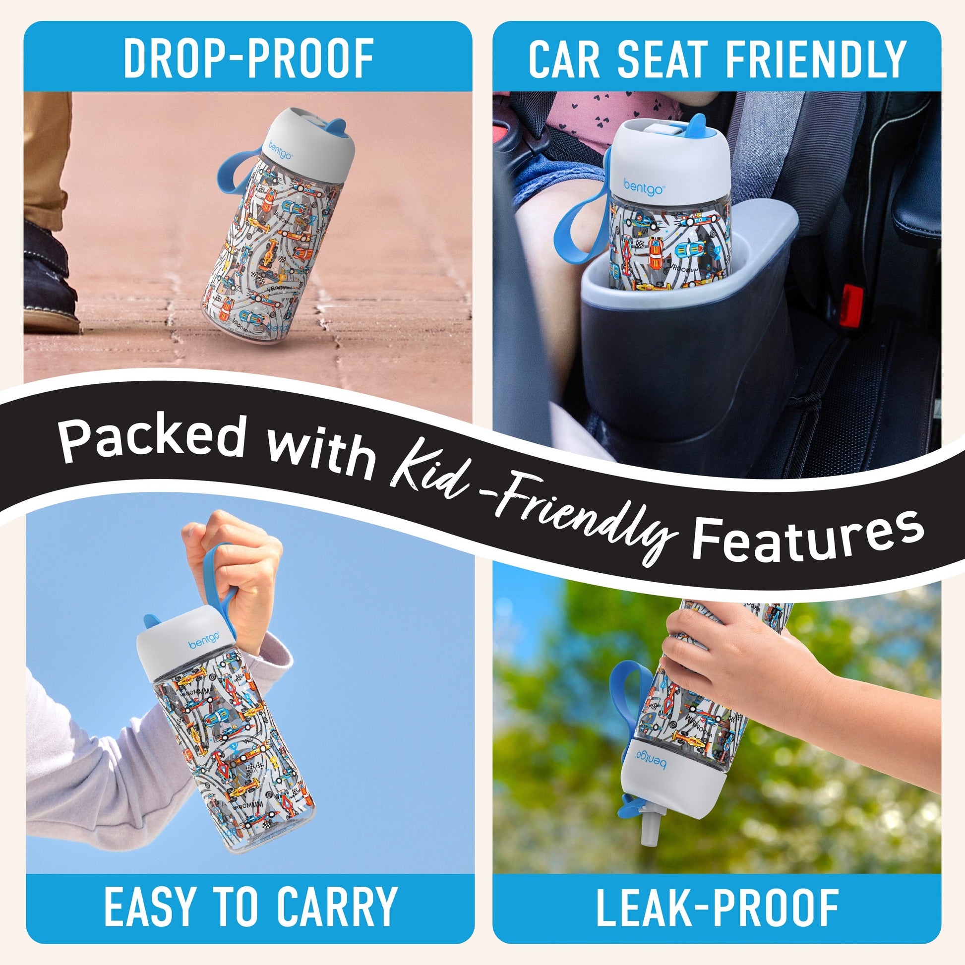 Bentgo Kids Water Bottle - Race Cars | Packed With Kid-Friendly Features - Drop-Proof, Car Seat Friendly, Easy To Carry, Leak-Proof