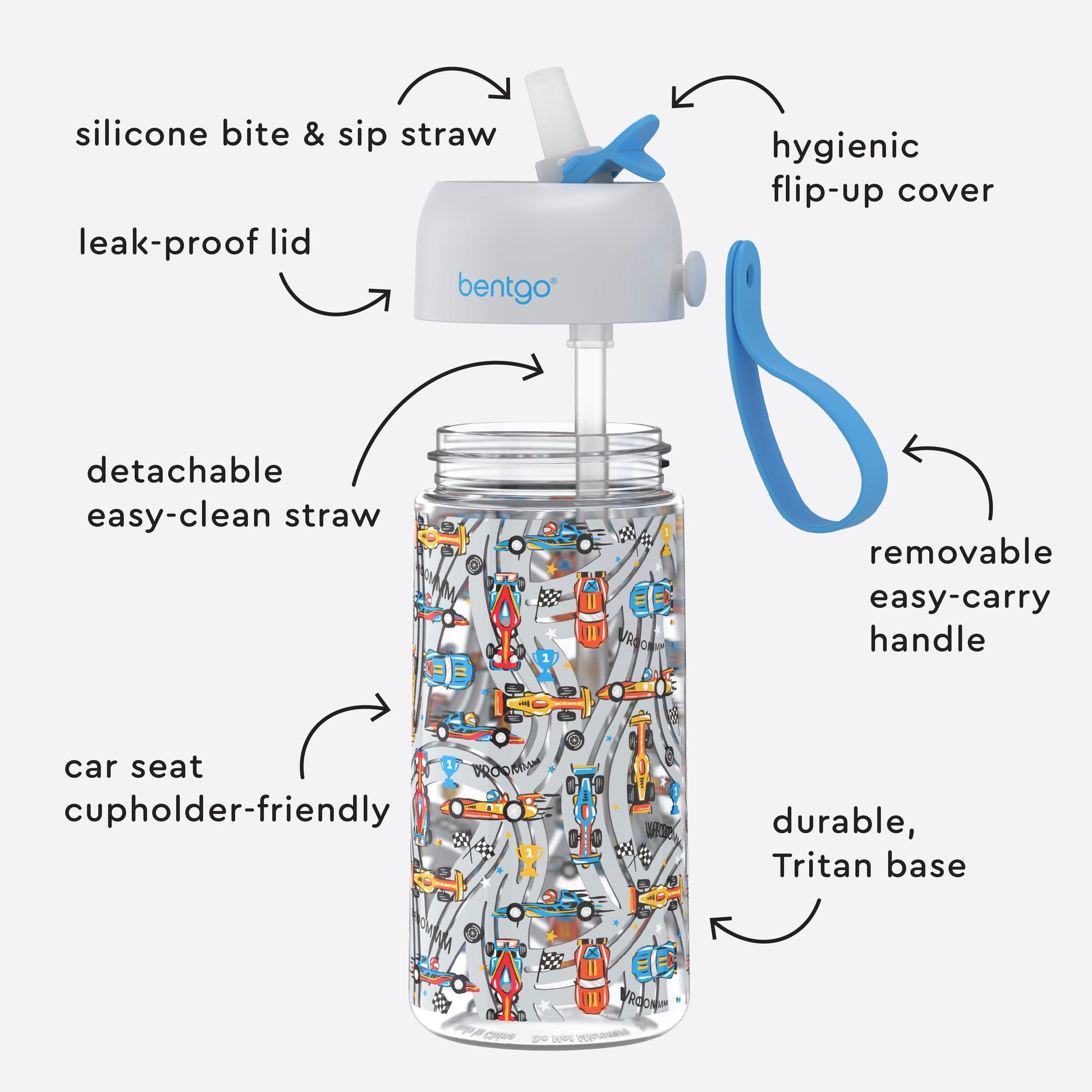 Bentgo Kids Water Bottle - Race Cars | Silicone Bite & Sip Straw, Leak-Proof Lid, Detachable Easy-Clean Straw, Car Seat Cupholder-Friendly, Hygienic Flip-Up Cover, Removable Easy-Carry Handle, And Durable, Tritan Base