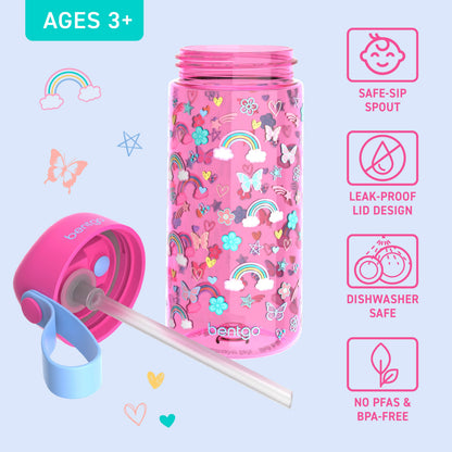 Bentgo Kids Water Bottle - Rainbows and Butterflies | Bite & Sip Straw, Leak-Proof Lid Design, Dishwasher Safe, No PFAs & BPA-Free