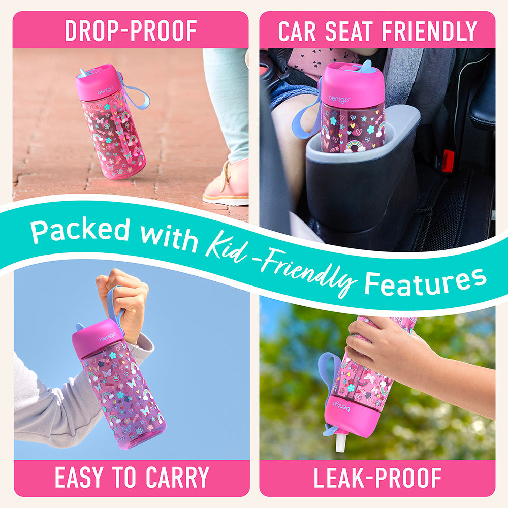 Bentgo® Kids Water Bottle - Rainbows and Butterflies | Made with Kid-Friendly Features - Leak-Proof, Drop-Proof, Car Seat Friendly, And Easy to Carry