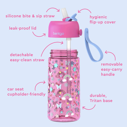 Bentgo® Kids Water Bottle - Rainbows and Butterflies | Hygienic Flip-Up Cover, Silicone Bite & Sip Straw, Leak-Proof Lid, Detachable Easy-Clean Straw, Durable Tritan Base, And Removable Easy-Carry Handle