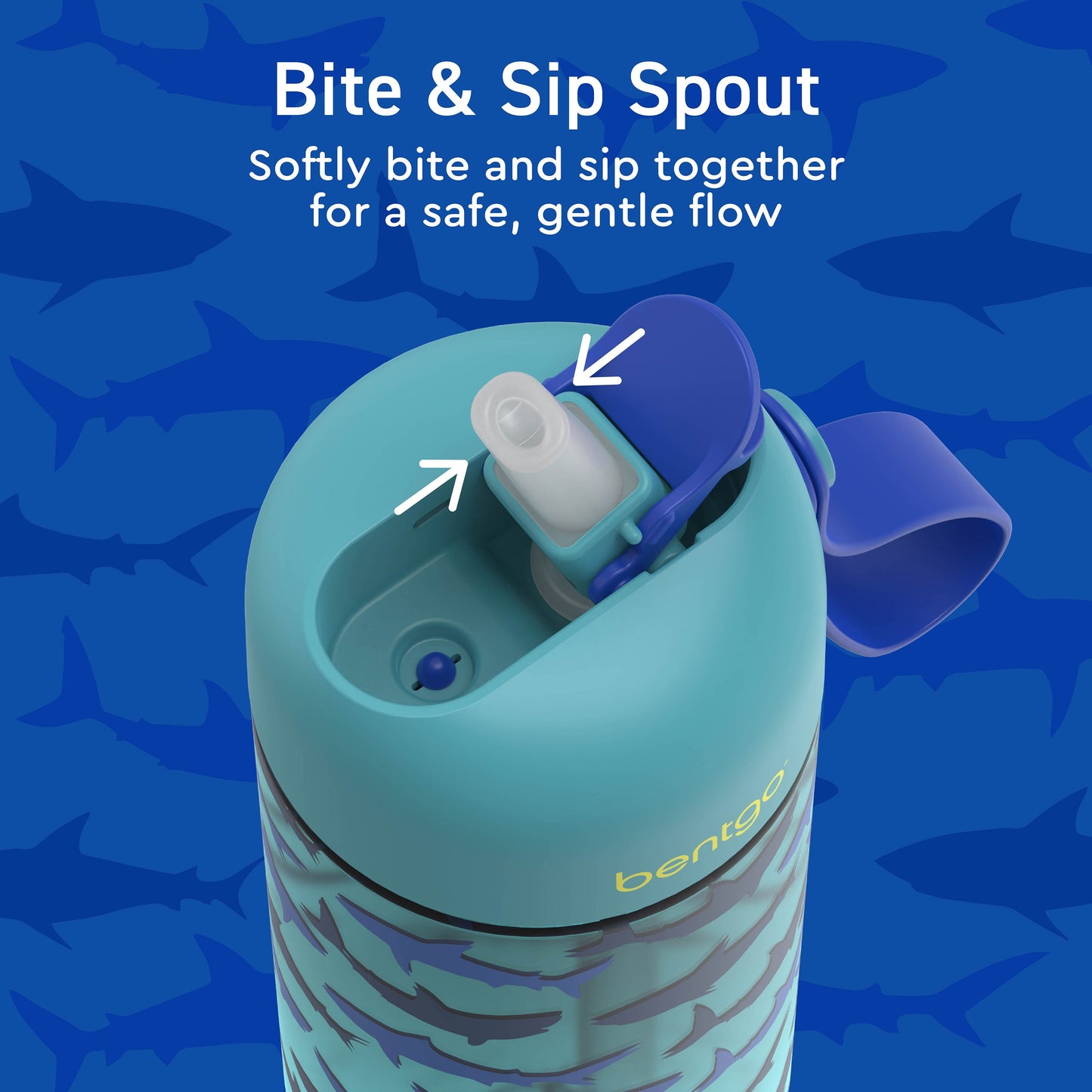 Bentgo® Kids Water Bottle - Sharks | Bite & Sip Spout - Softly Bite And Sip Together For A Safe, Gentle Flow