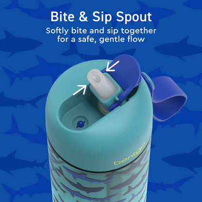 Bentgo® Kids Water Bottle - Sharks | Bite & Sip Spout - Softly Bite And Sip Together For A Safe, Gentle Flow