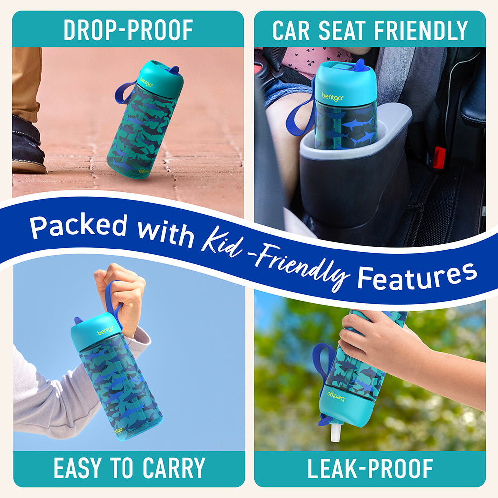 Bentgo® Kids Water Bottle - Sharks | Made with Kid-Friendly Features - Leak-Proof, Drop-Proof, Car Seat Friendly, And Easy to Carry