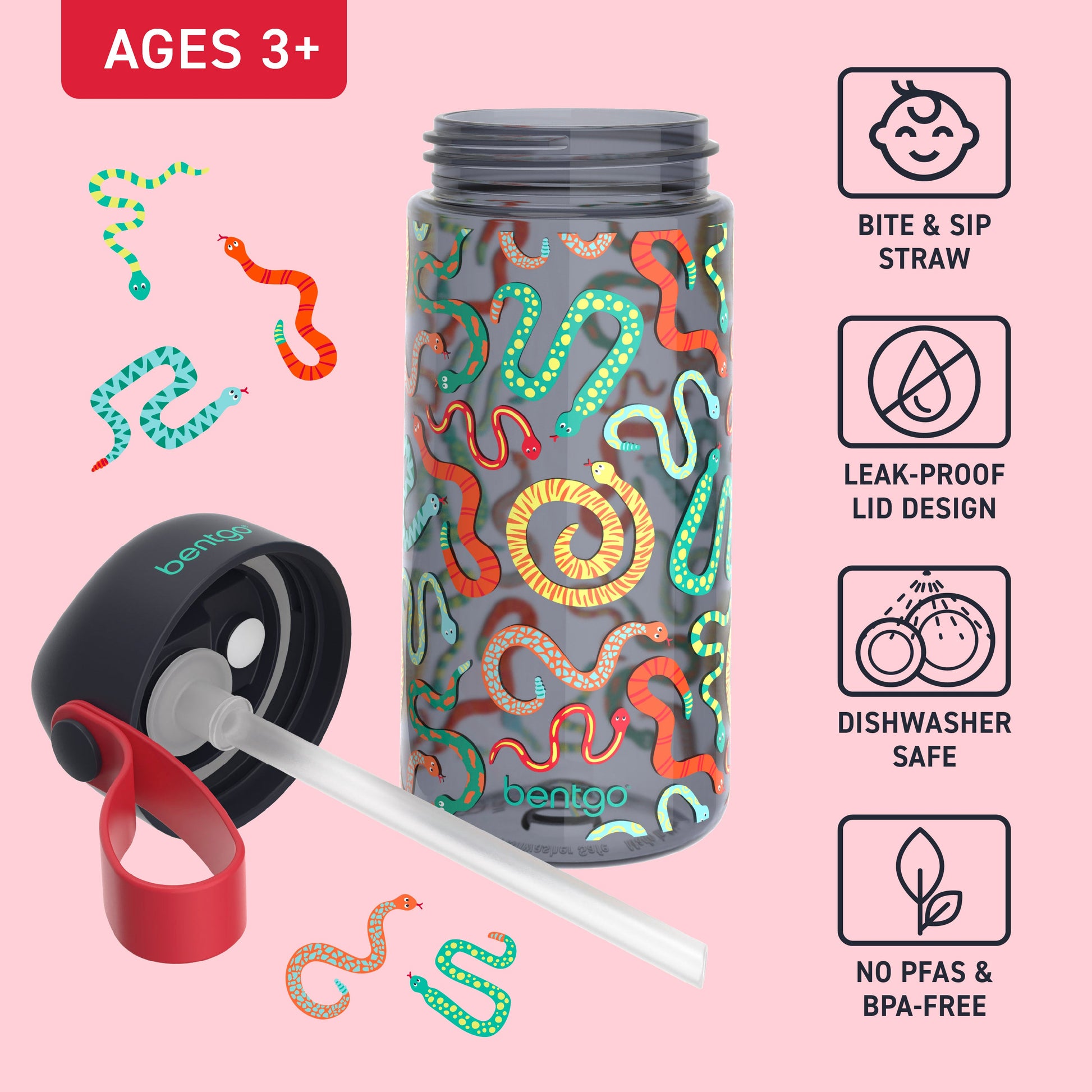 Bentgo Kids Water Bottle - Sssnakes | Bite & Sip Straw, Leak-Proof Lid Design, Dishwasher Safe, No PFAs & BPA-Free