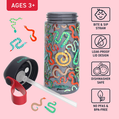Bentgo Kids Water Bottle - Sssnakes | Bite & Sip Straw, Leak-Proof Lid Design, Dishwasher Safe, No PFAs & BPA-Free