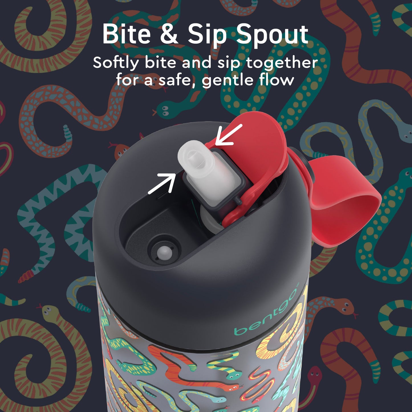 Bentgo Kids Water Bottle - Sssnakes | Bite & Sip Spout - Softly Bite And Sip Together For A Safe, Gentle Flow