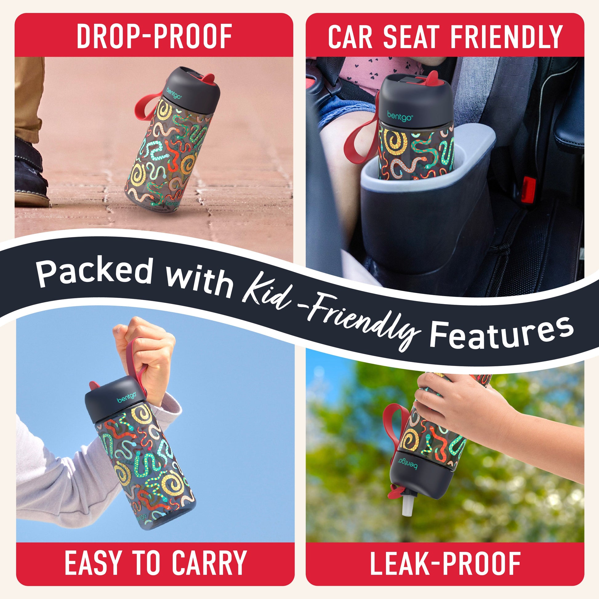 Bentgo Kids Water Bottle - Sssnakes | Packed With Kid-Friendly Features - Drop-Proof, Car Seat Friendly, Easy To Carry, Leak-Proof