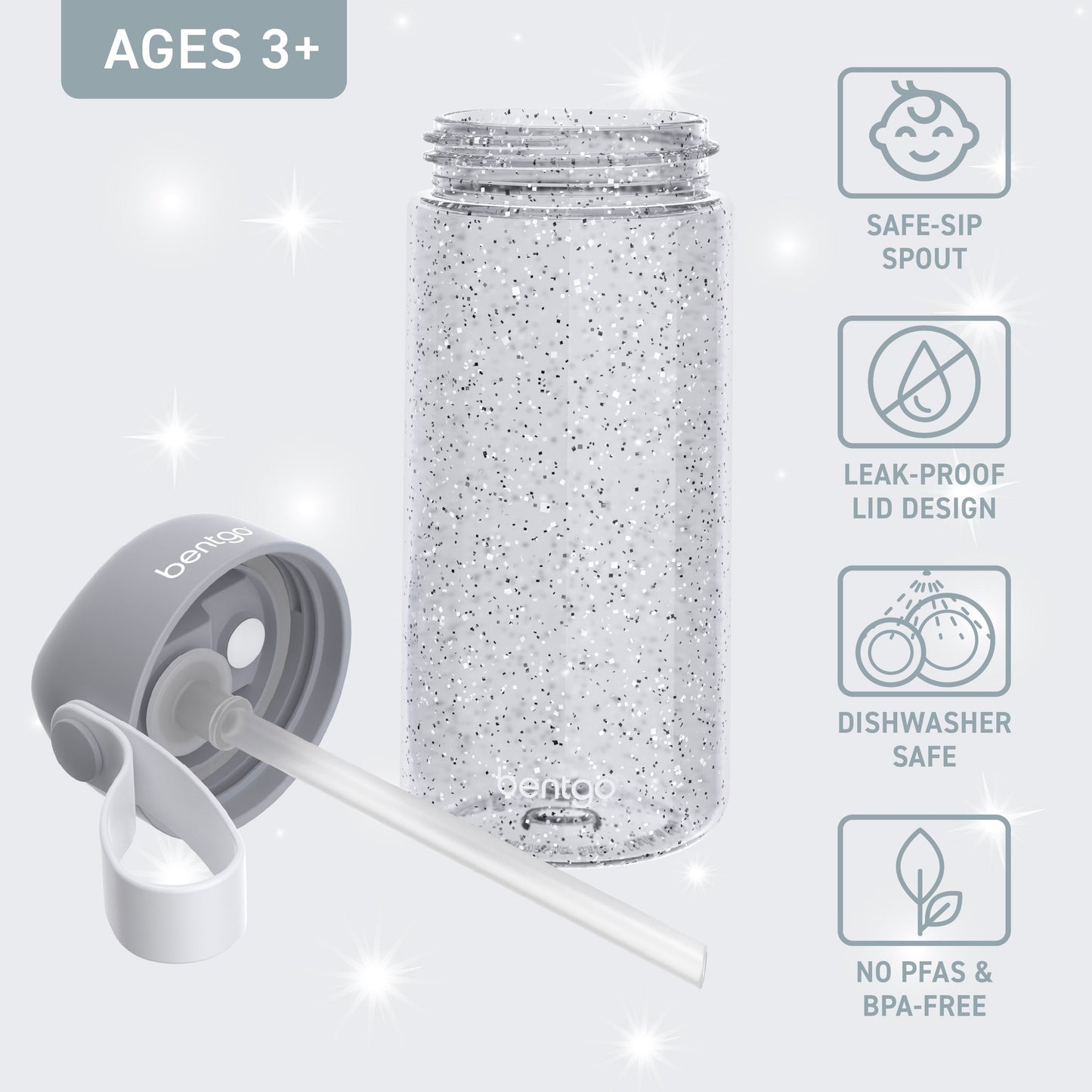 Bentgo Kids Water Bottle - Silver Glitter | Bite & Sip Straw, Leak-Proof Lid Design, Dishwasher Safe, No PFAs & BPA-Free