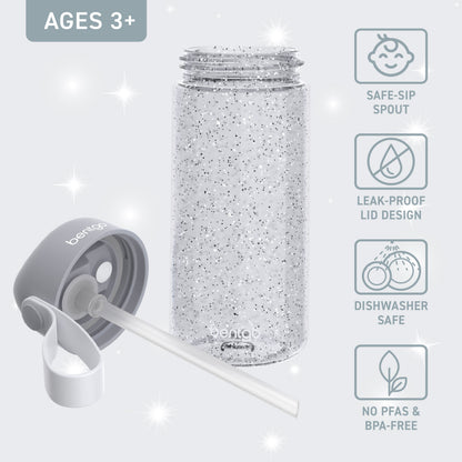 Bentgo Kids Water Bottle - Silver Glitter | Bite & Sip Straw, Leak-Proof Lid Design, Dishwasher Safe, No PFAs & BPA-Free