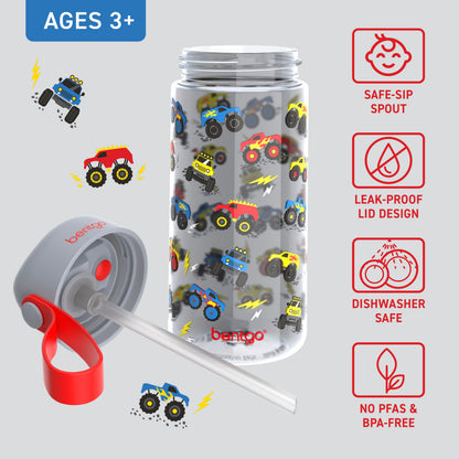 Bentgo Kids Water Bottle - Trucks | Bite & Sip Straw, Leak-Proof Lid Design, Dishwasher Safe, No PFAs & BPA-Free